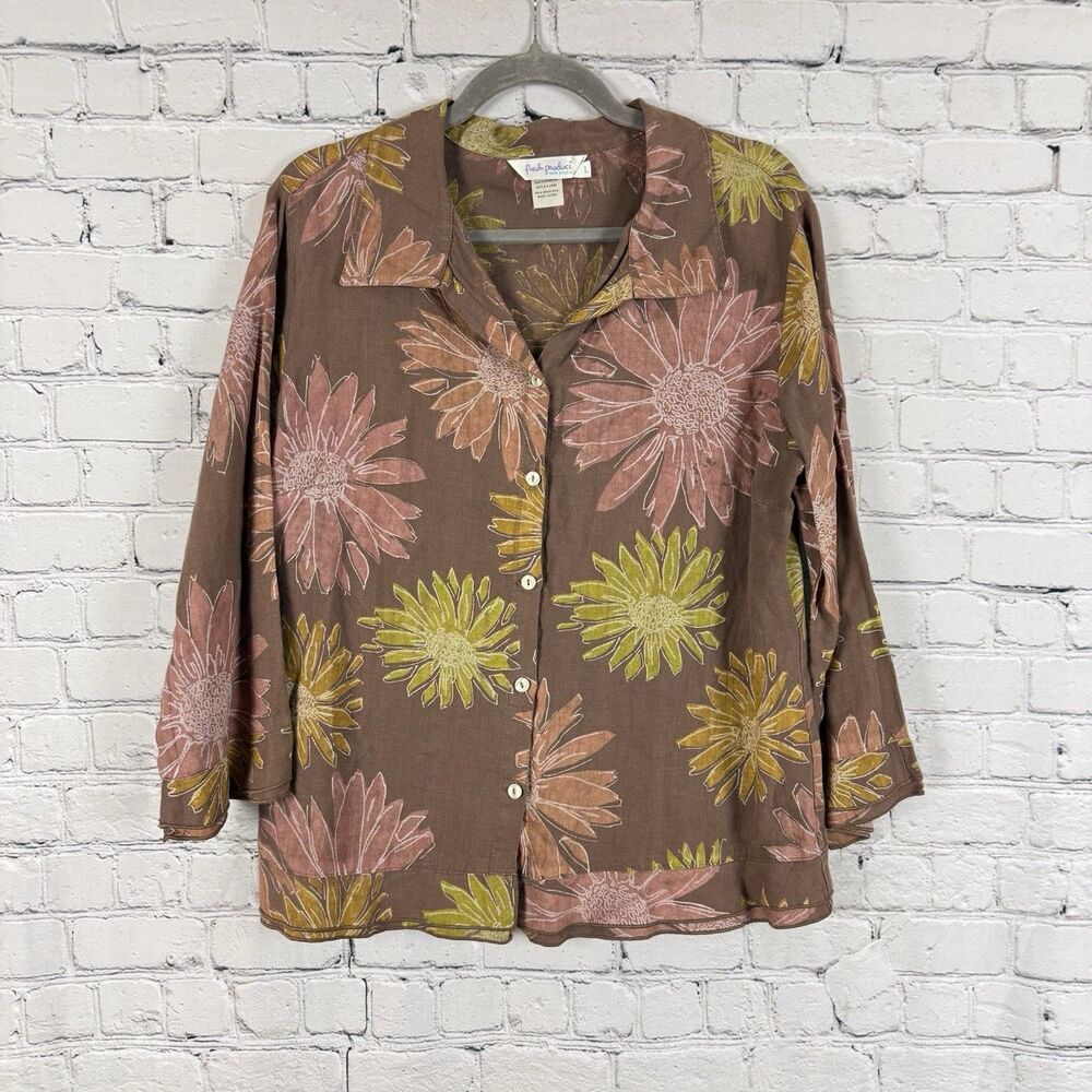 Fresh Produce Linen Shirt Womens Size L Brown Floral Cottagecore Top Blouse USA
